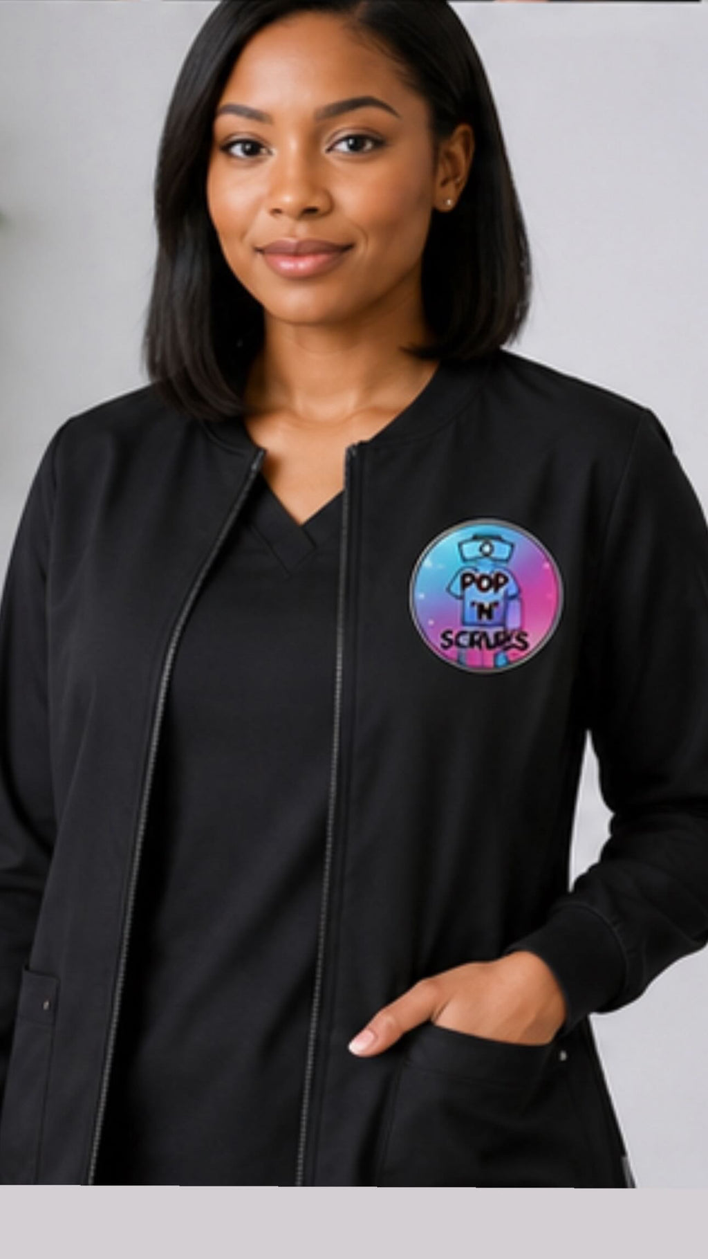 Pop N Scrubs Signature Logo Zip-Up Jacket – Black