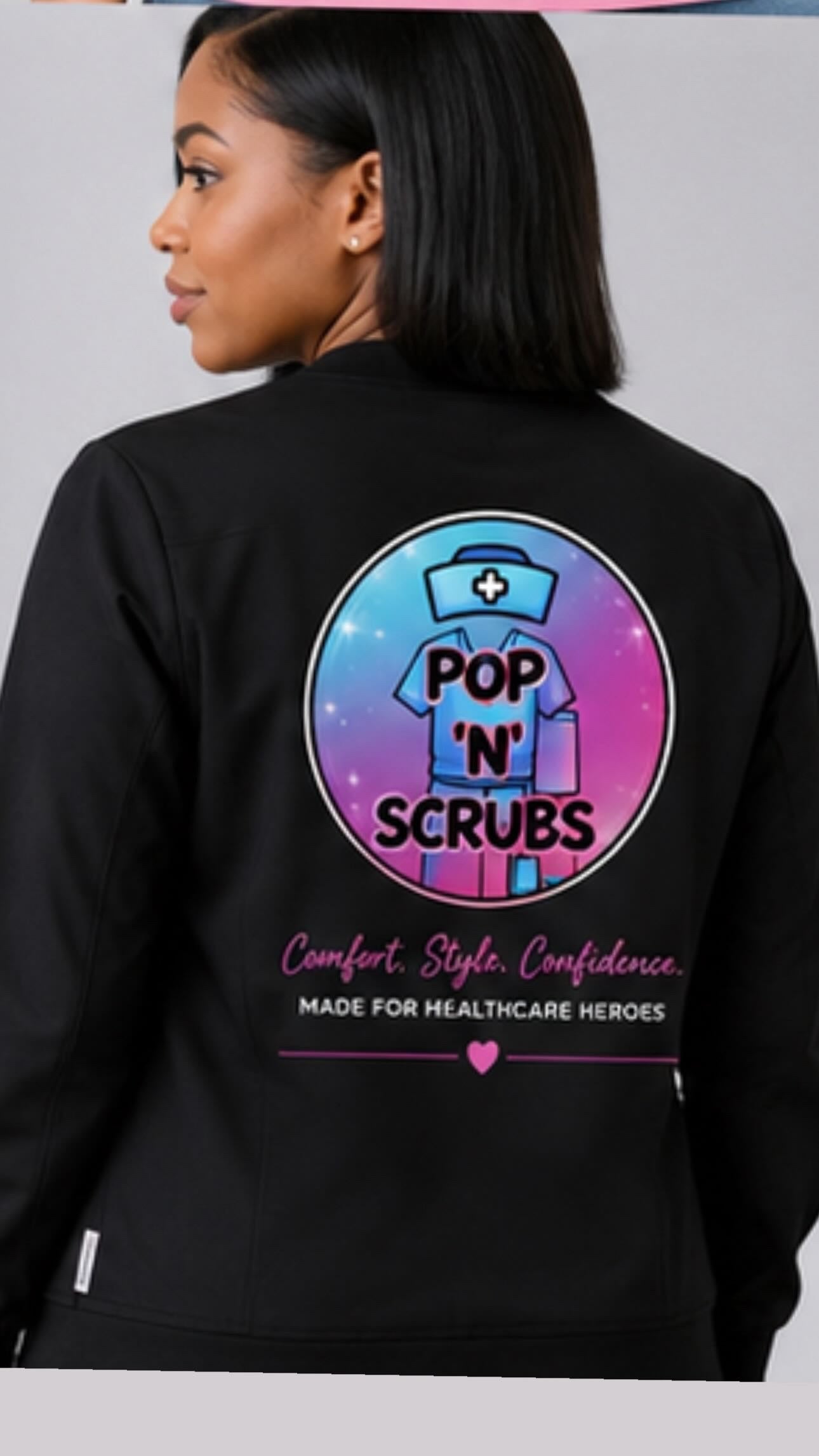 Pop N Scrubs Signature Logo Zip-Up Jacket – Black