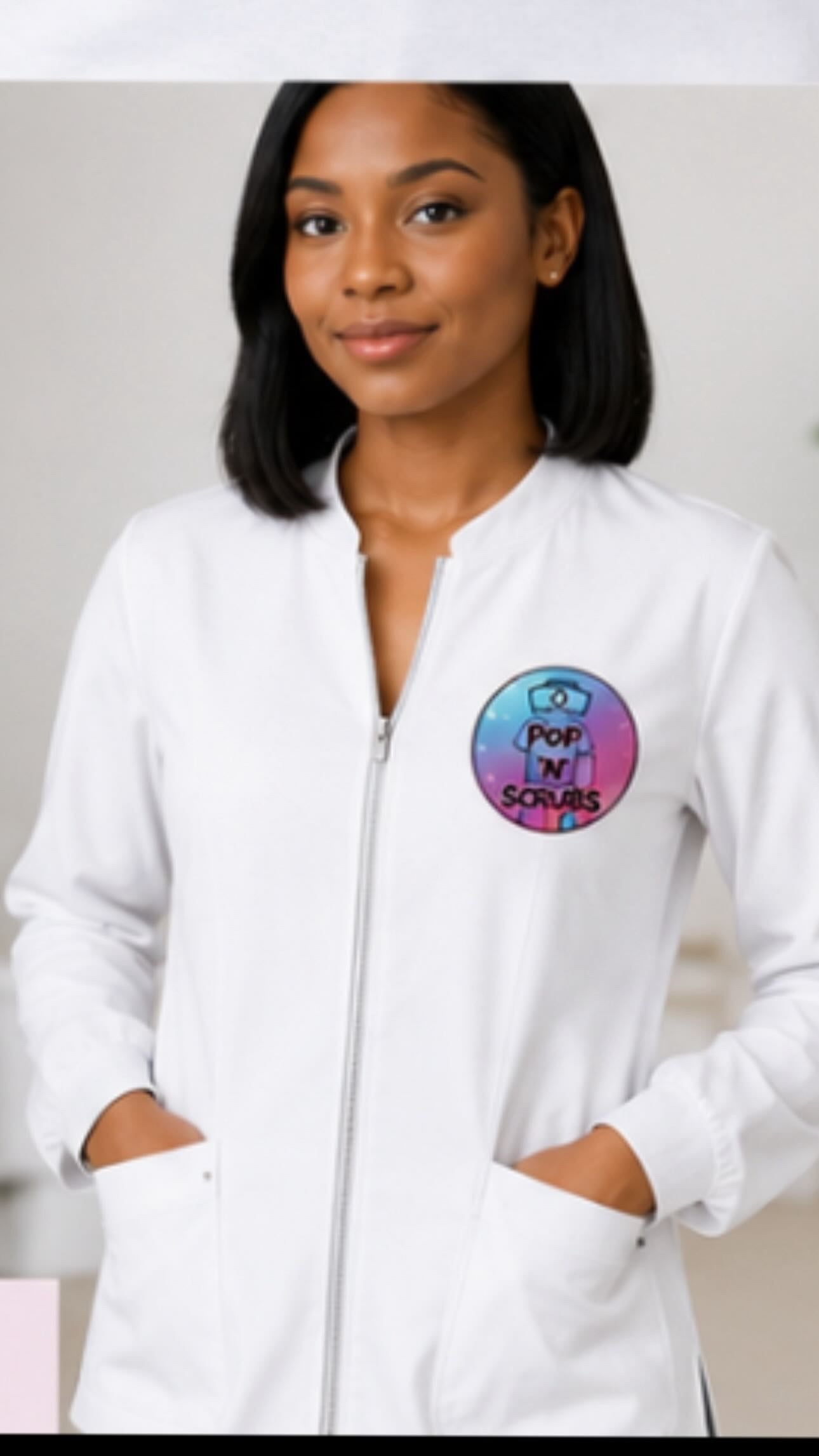 Pop N Scrubs Signature Logo Zip-Up Jacket – White