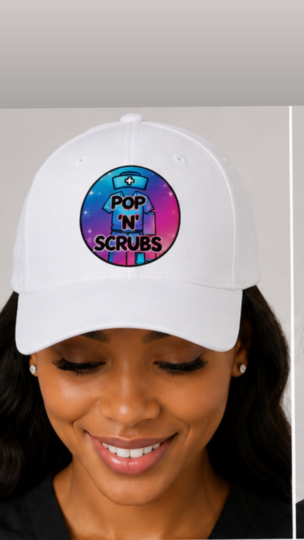 Pop N Scrubs Signature Logo Fitted Cap – White